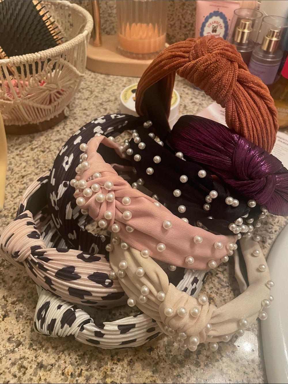 Pearl-Embellished Pink & Neutral Knotted Headband Set - Women Accessories